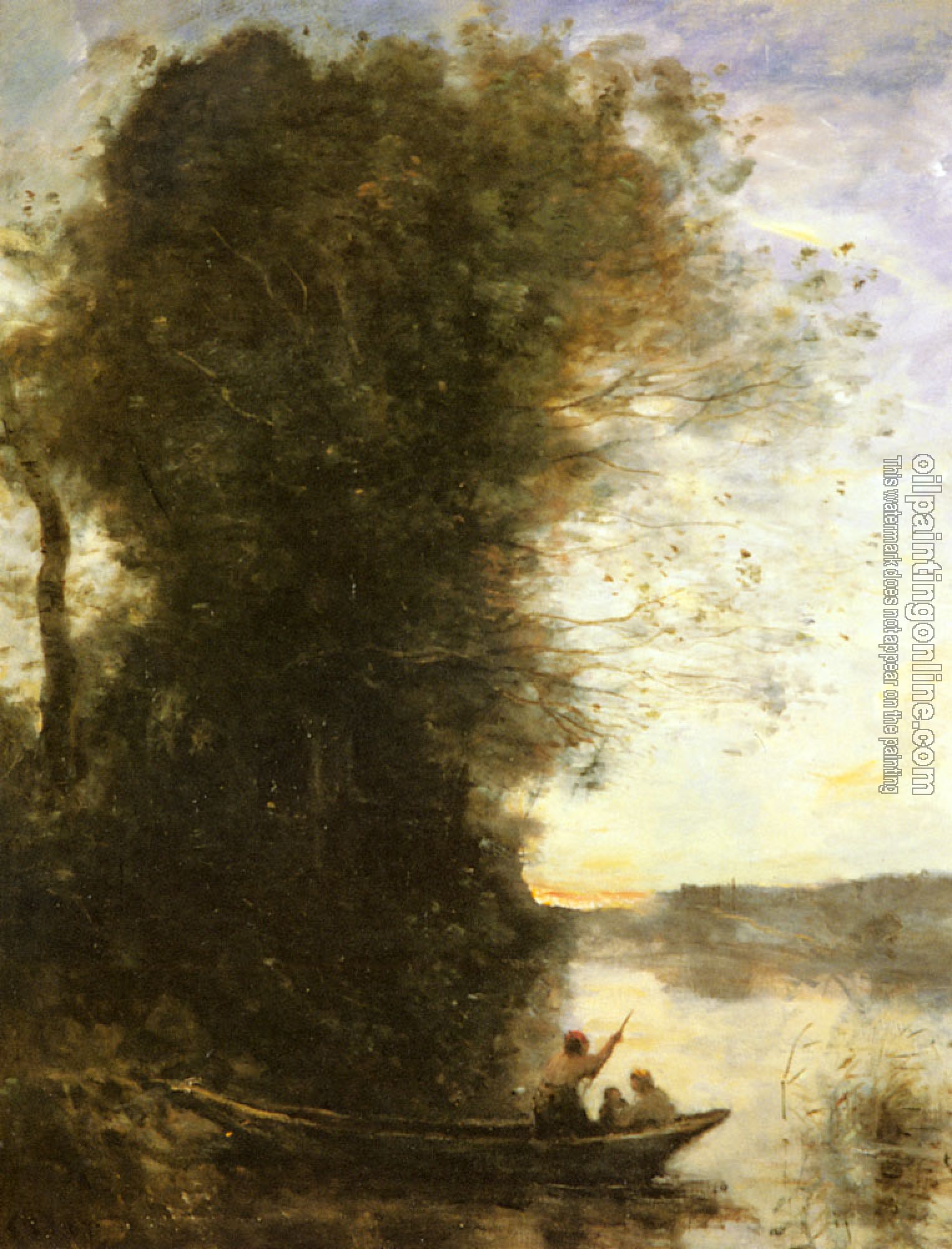 Corot, Jean-Baptiste-Camille - Le Batelier Quittant La Rive Avec Une Femme Et Un Enfant Assis Dans Sa Barque, Soleil Couchant